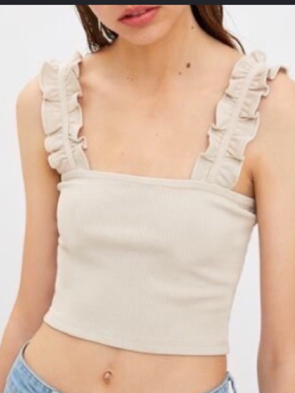 ❤️❤️zarah Ruffle Strap Ribbed Cropped Tank Top - Cream